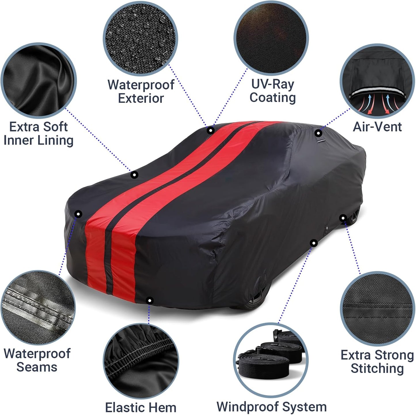 iCarCover Custom Car Cover for 1968-1982 Chevy Corvette C3 Waterproof All Weather Rain Snow UV Sun Protector Full Exterior Indoor Outdoor Car Cover (Stripe - Black/Red)