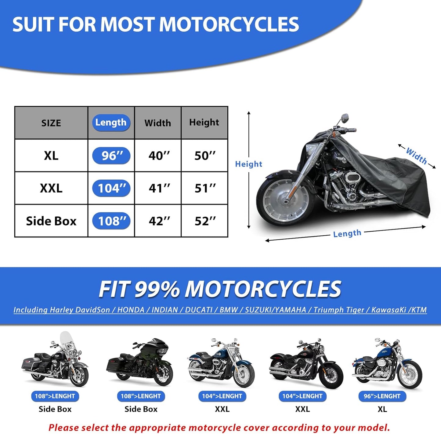 Motorcycle Cover for Sport Model Harley Davidson Sportster S, Sporster 883, Nightster Special, SuperLow, SuperLow 1200T, 1200 Custom, and Most Motorcycles - Waterproof Motorcycle Cover Outdoor Storage