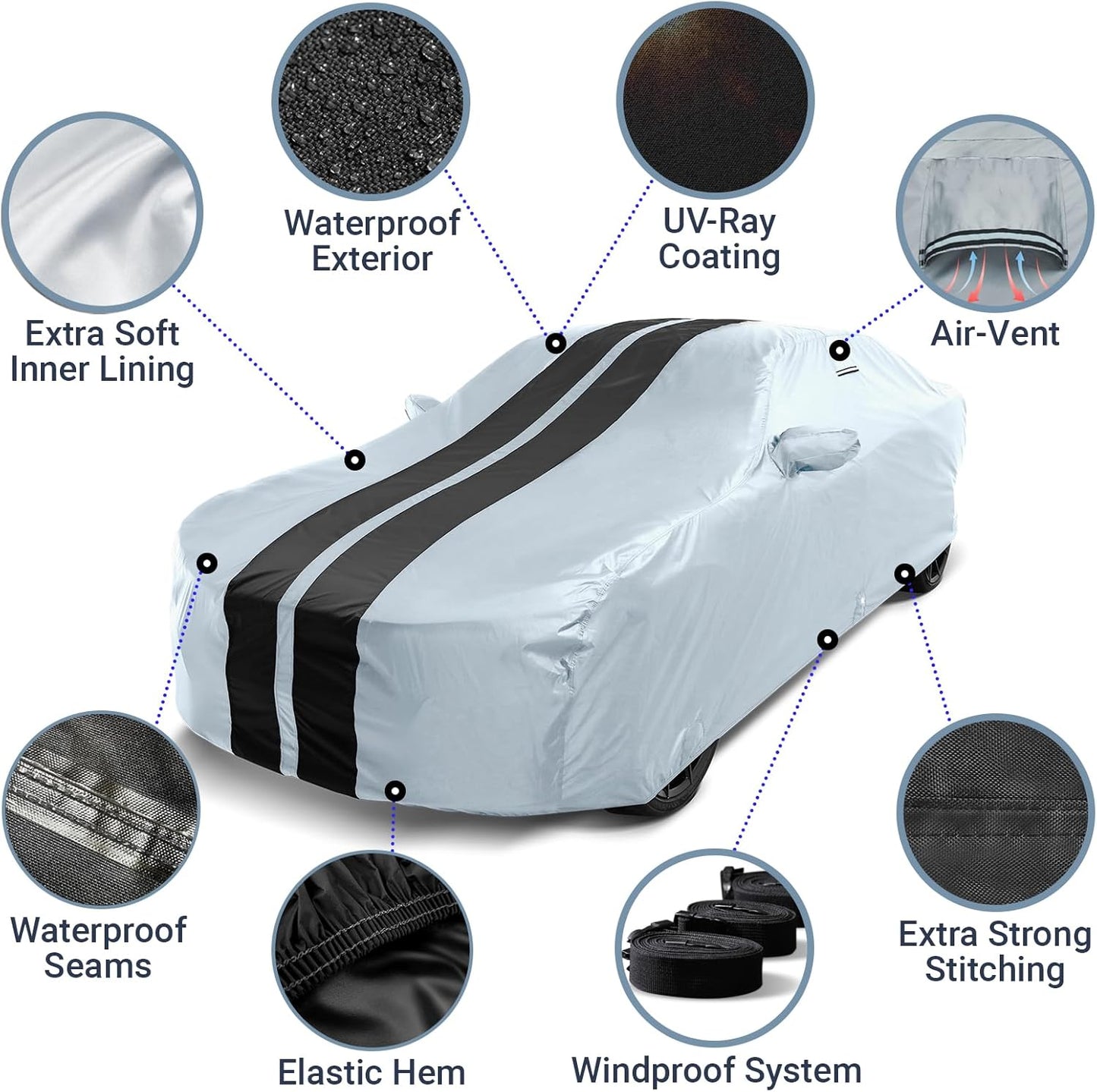 iCarCover Custom Car Cover for Buick Riviera (1986-1988) Waterproof All-Weather Rain Snow UV Sun Protector Full Exterior Indoor Outdoor Car Cover (Stripe - Gray/Black)