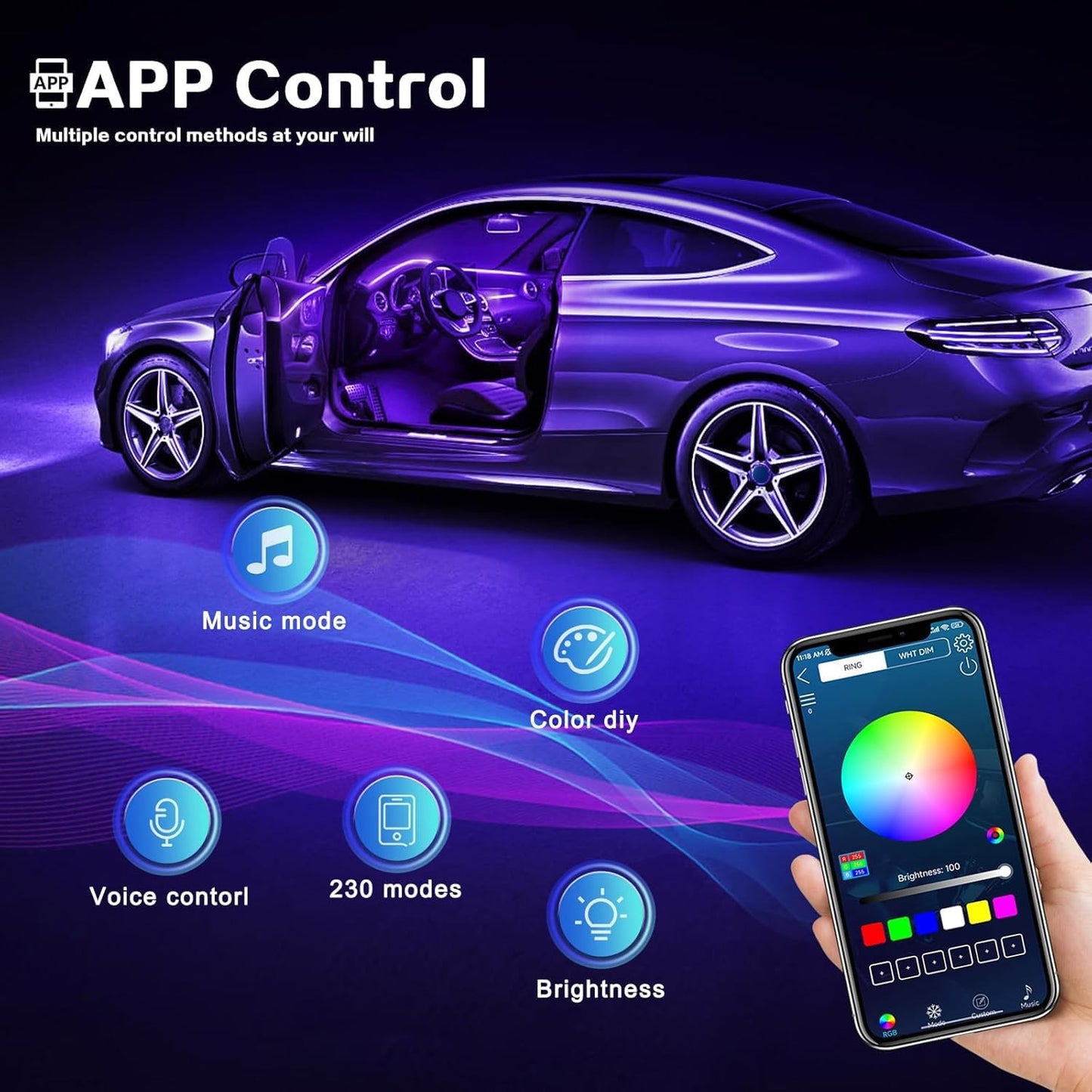Acrylic Interior Car LED Strip Light with Wireless APP, Car Accessories 18 in 1 with 175 inches 593 LEDs Fiber Optic Ambient Lighting Kits, RGB Dynamic Music Sync Neon LED Strip Light for Car
