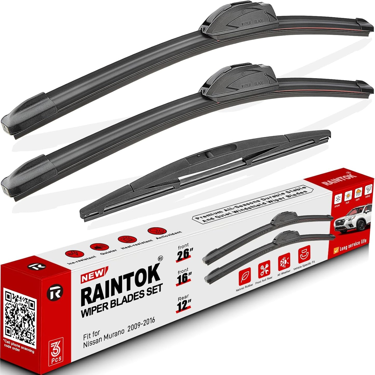 Windshield Wiper Blades Replacement for 2009-2016 Nissan Murano Original Factory Quality Front Rear Wipers Blade Set for My Car - 26" 16" 12" (Pack of 3)