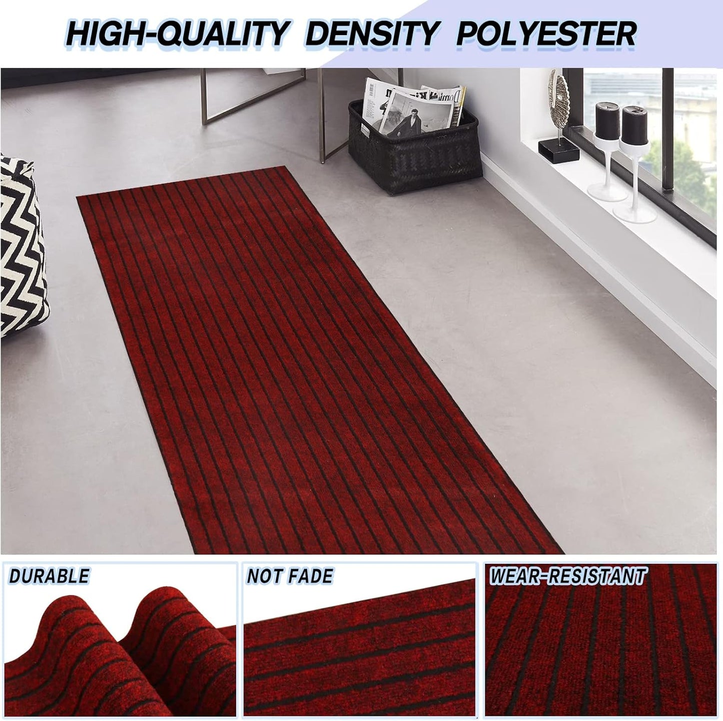 Custom Size Backed Non-Slip Area Rugs Runner, Easy Clean, Waterproof Runner Rugs for Hallway Entryway, Kitchen, Laundry, 2FT x 19FT, Red Stripe