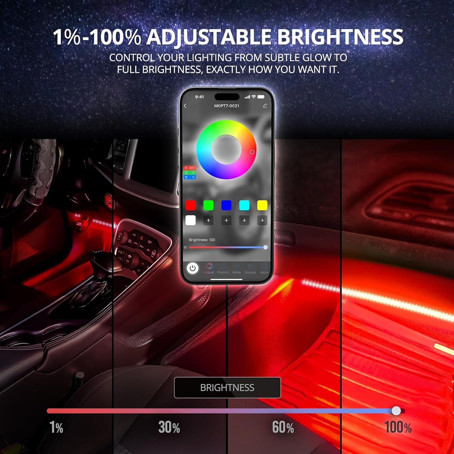 OPT7 Aura DreamColor RGB-IC LED Car Interior Light Strips, 4PC Interior Ambient Lighting Kit, Color Chasing Light Kit w/APP Control & Wireless Remote, Universal for Vehicles SUV Trucks Pickups Van
