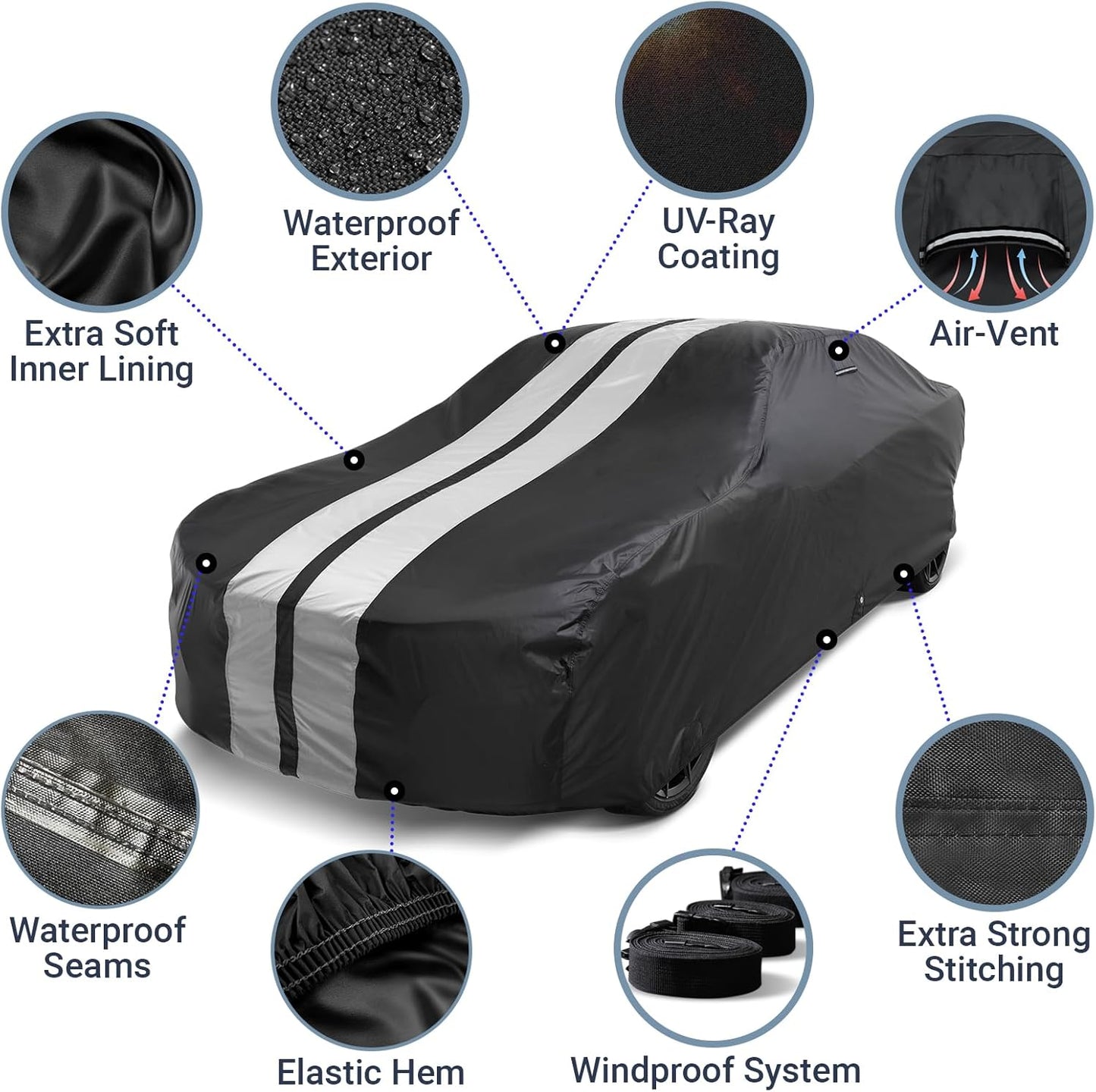 iCarCover Custom Car Cover for Pontiac Lemans Hatchback (1988-1993) Waterproof All-Weather Rain Snow UV Sun Protector Full Exterior Indoor Outdoor Car Cover (Stripe - Black/Gray)