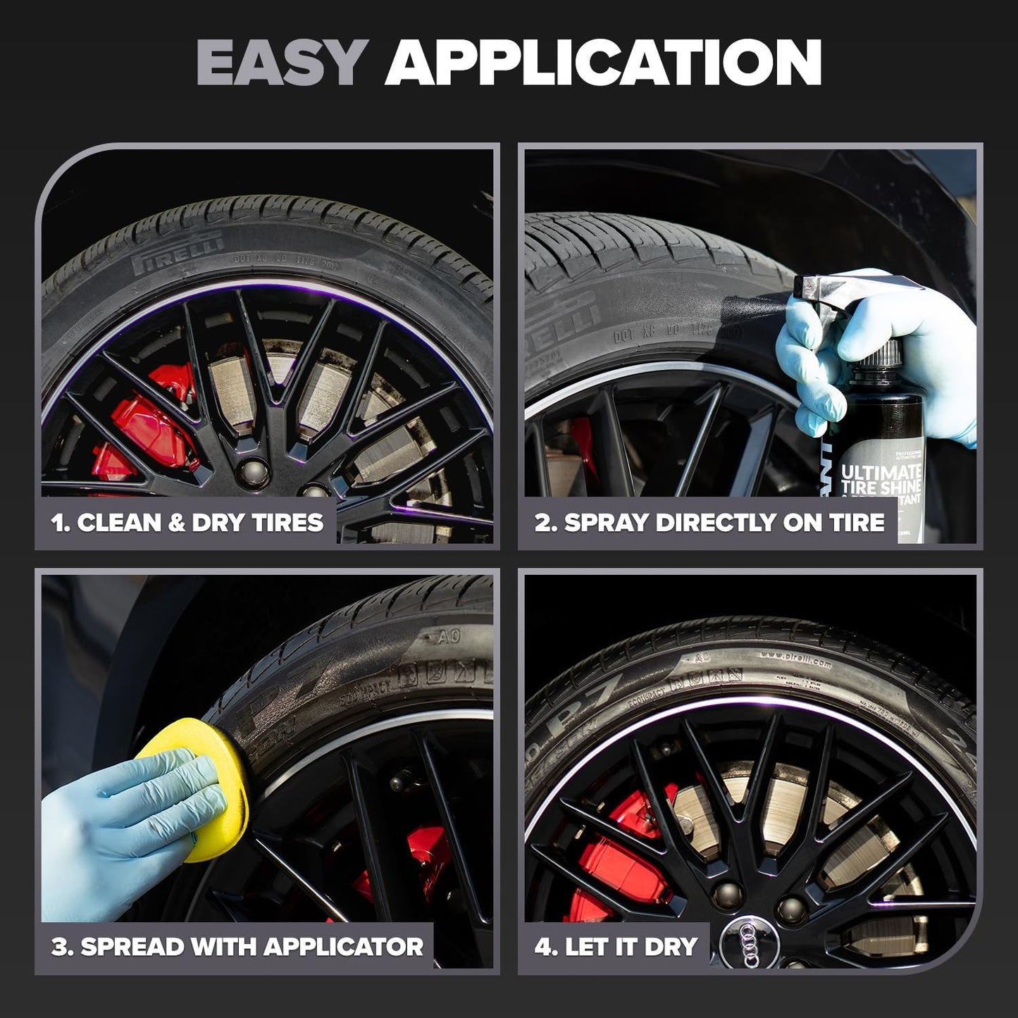 Carfidant Tire Shine Spray - Black Satin Finish - Premium Car Tire Dressing - Long Lasting - No Sling No Grease Formula with UV Protection - 18 fl. Oz with Applicator Pad