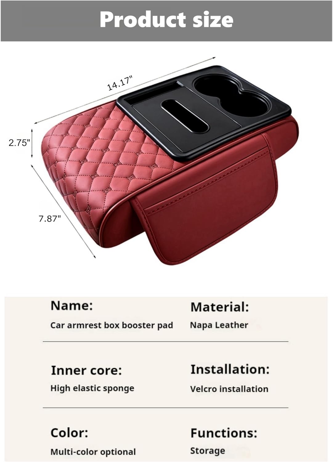 5-In-1 Center Console Cover Organizer with Cup Holder, Storage Pocket, Tissue Box, Armrest Cover Cushion Pad for Car, Grid, Black