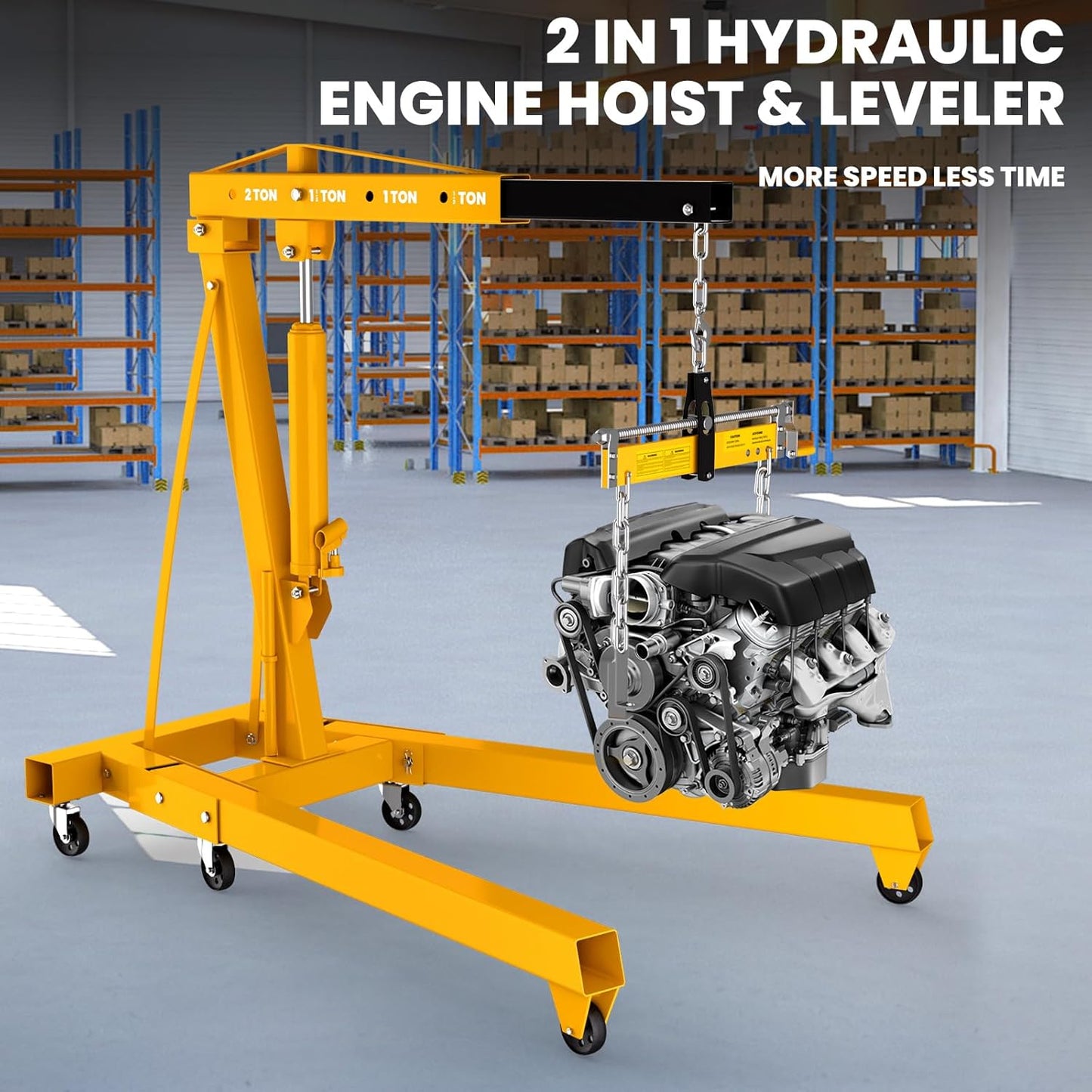 Engine Lift with Load Leveler,2T Heavy Duty Alloy Steel Folding Cherry Picker Engine Lift,Cherry Picker Workshop Crane,8Ton Hydraulic Engine Crane,Engine Lift for Workshop Warehouse Garage (Yellow)