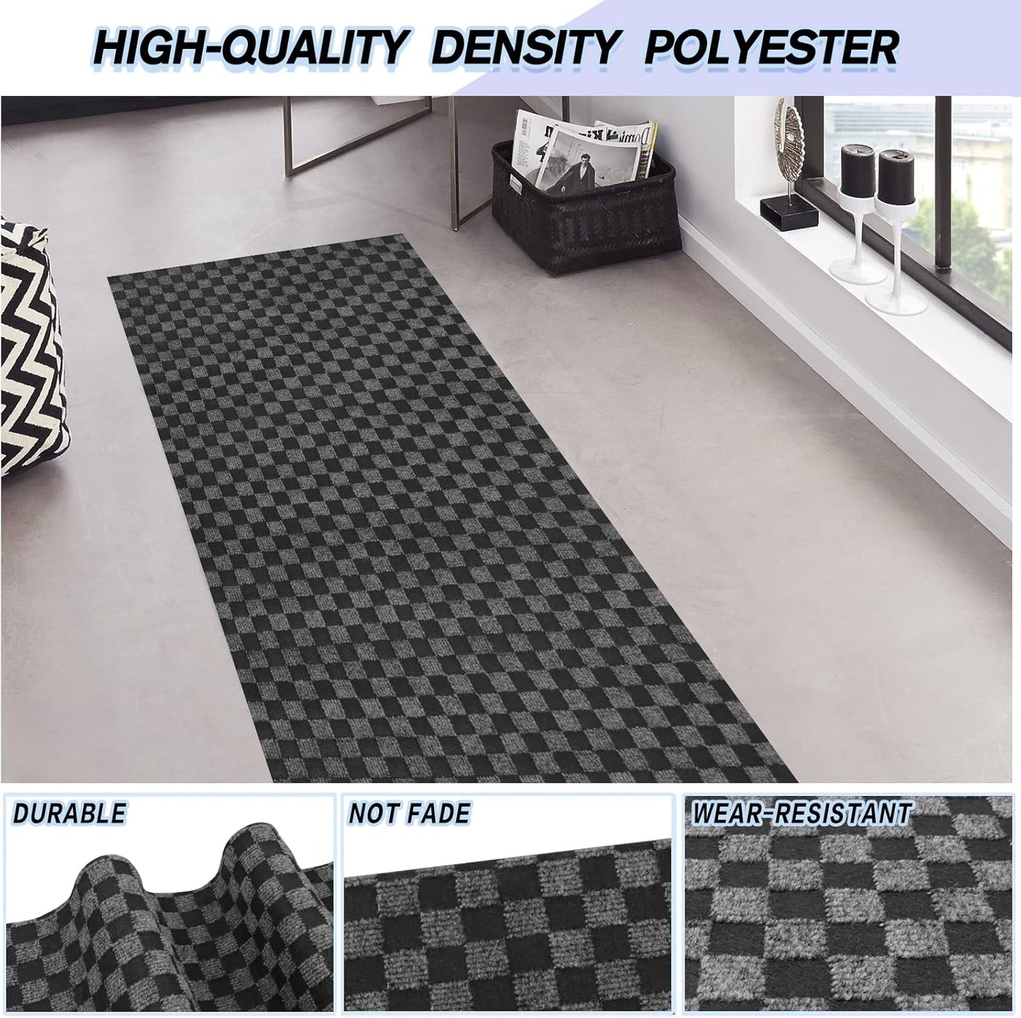 Custom Size Backed Non-Slip Area Rugs Runner, Easy Clean, Waterproof Runner Rugs for Hallway Entryway, Kitchen, Laundry, 2FT x 47FT, Gray Checkered