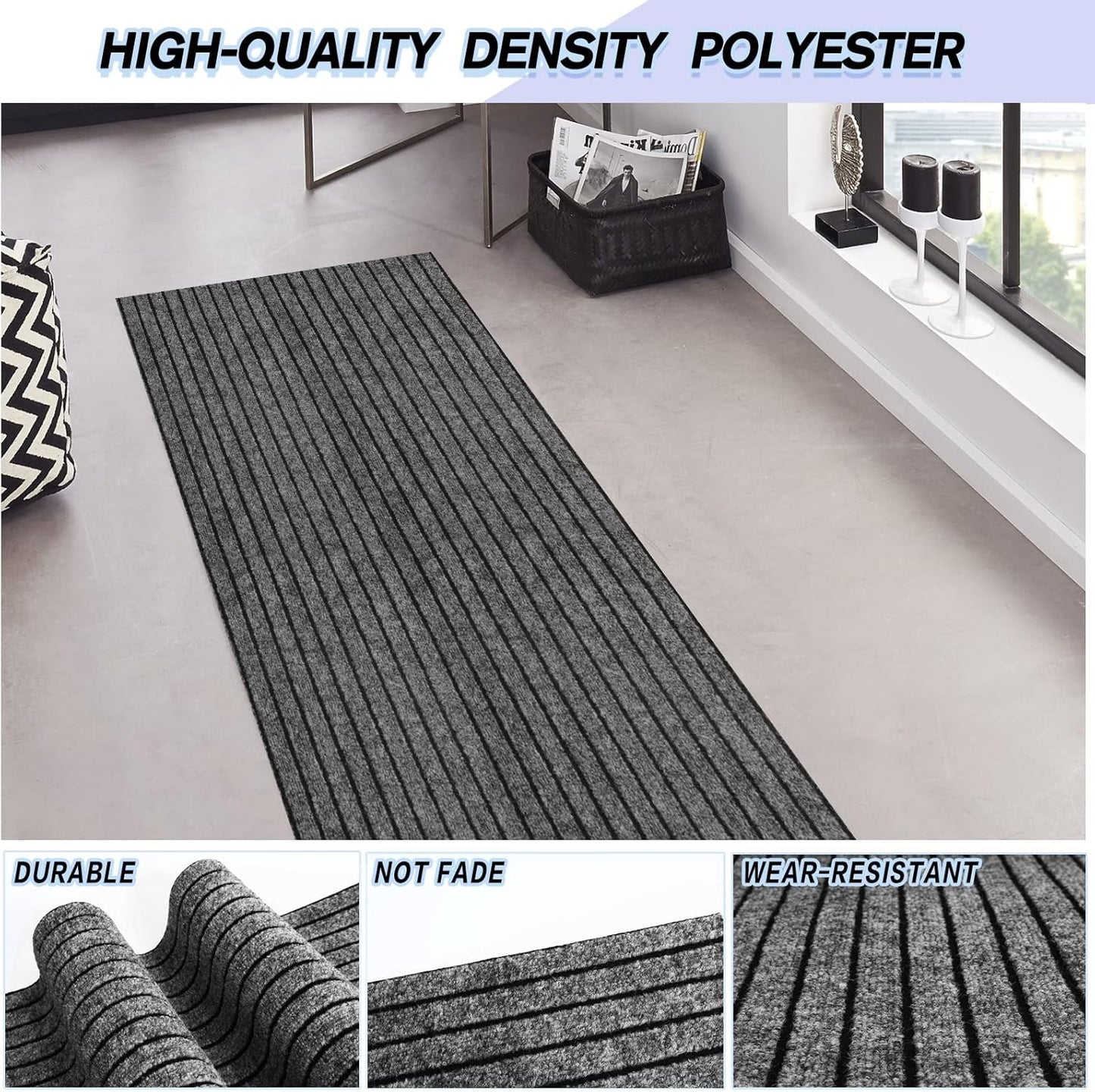 Custom Size Backed Non-Slip Area Rugs Runner, Easy Clean, Waterproof Runner Rugs for Hallway Entryway, Kitchen, Laundry, 4FT x 6FT, Gray Stripe