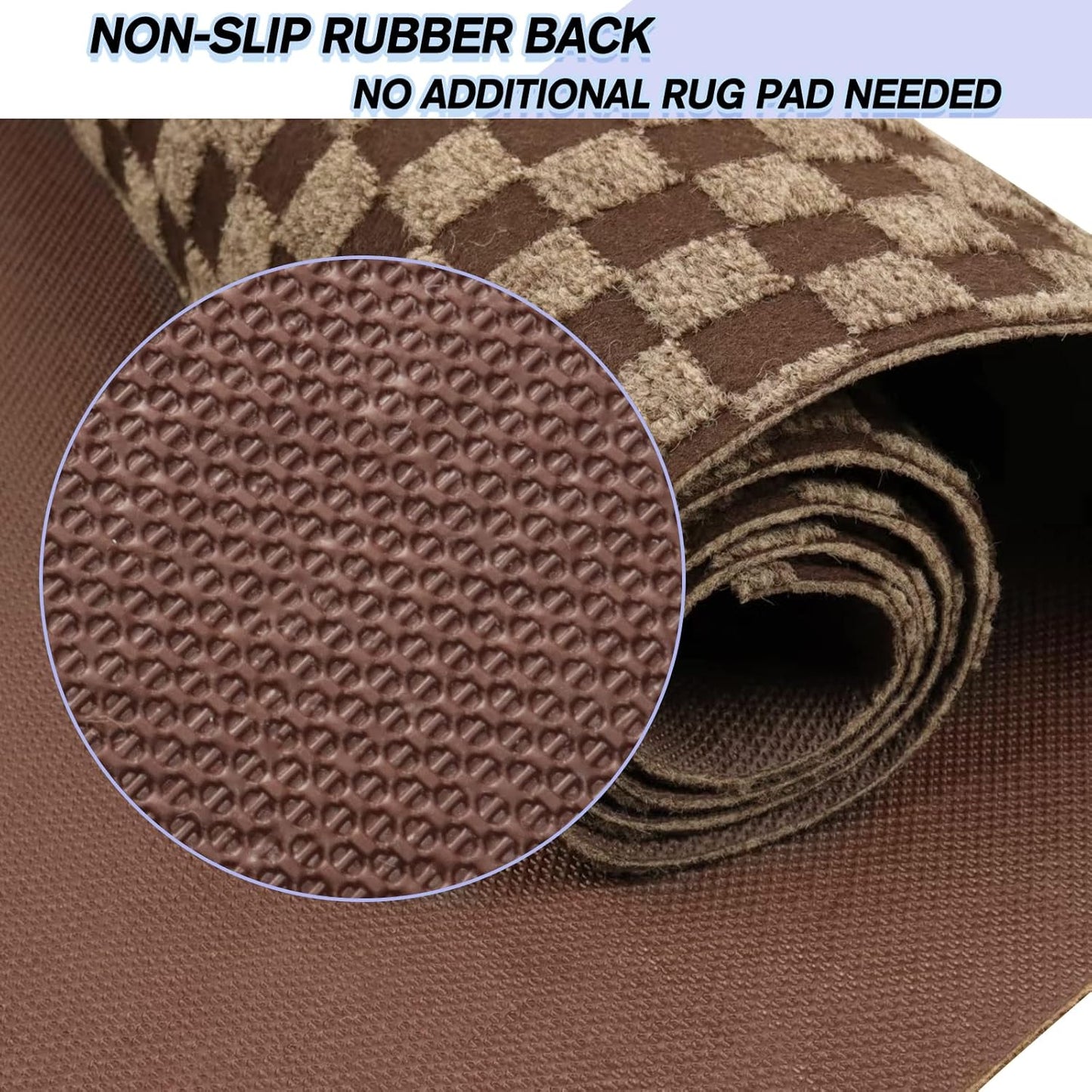 Custom Size Backed Non-Slip Area Rugs Runner, Easy Clean, Waterproof Runner Rugs for Hallway Entryway, Kitchen, Laundry, 2FT x 72FT, Brown Checkered