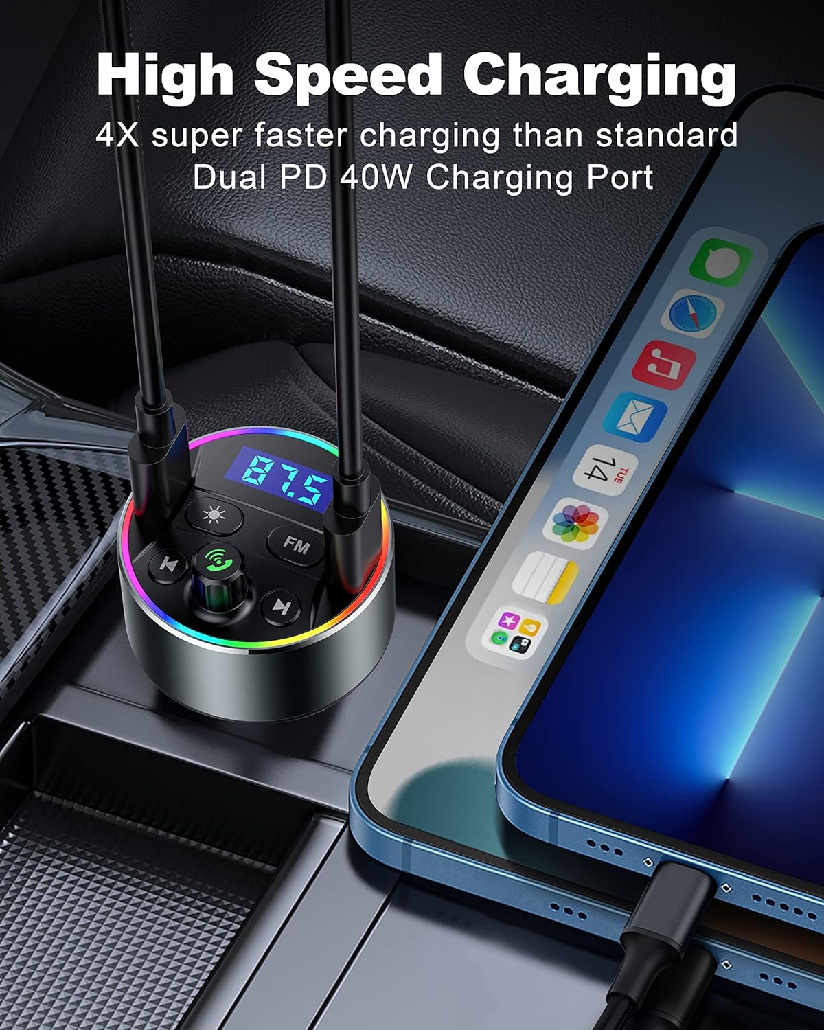 Dual PD 40W Type-C USB Car Charger Bluetooth Car Adapter Bluetooth 5.3 FM Transmitter for Car with Microphone & HiFi Sound MP3 Music Player Radio Audio Receiver Support Hands-Free Calling