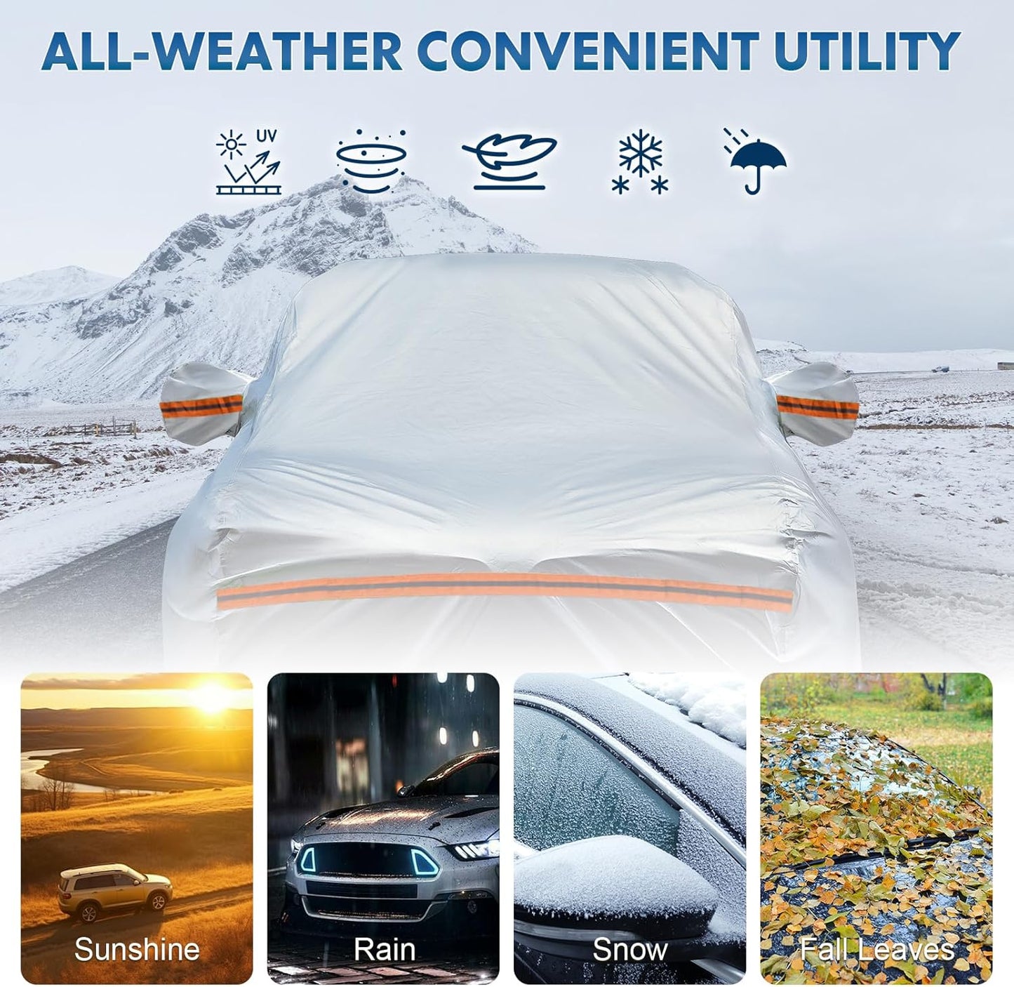 KEYOOG Car Cover, Fit for 178"-189" Length Sedan, 6-Layer All-Weather Waterproof, Universal in All Seasons, Snow Prevention, Rainproof, Acid Rainproof, Sunscreen, Orange Reflective Strip