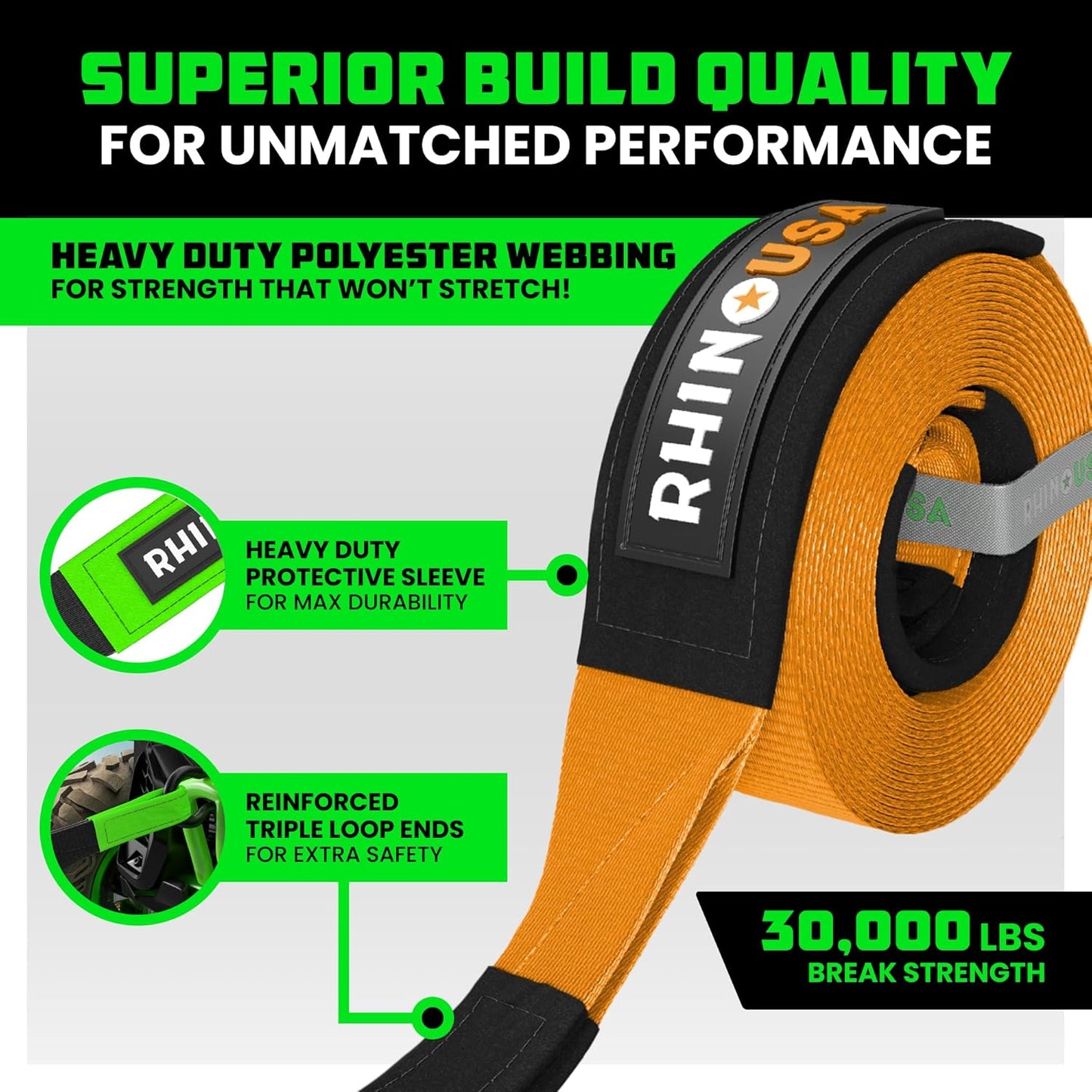 Rhino USA Recovery Tow Strap (3"x20')- 31,518lb Break Strength- Emergency Recovery Strap Tow Rope for Truck, UTV, ATV & More- Heavy Duty Towing Strap for Offroad 4x4 Use- Compatible with Jeep (Orange)