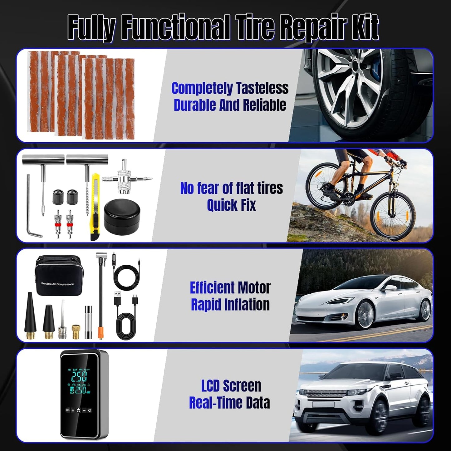 Tire Inflator Portable Air Compressor with Tire Repair Kit, 150PSI & 3X Faster Cordless Tire Pump with LCD Dual Display for Car, Bike, Motorcycle, Ball