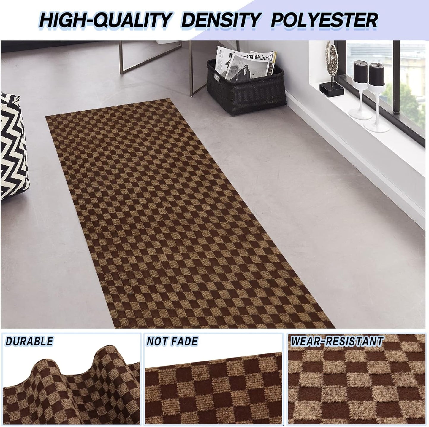 Custom Size Backed Non-Slip Area Rugs Runner, Easy Clean, Waterproof Runner Rugs for Hallway Entryway, Kitchen, Laundry, 4FT x 53FT, Brown Checkered