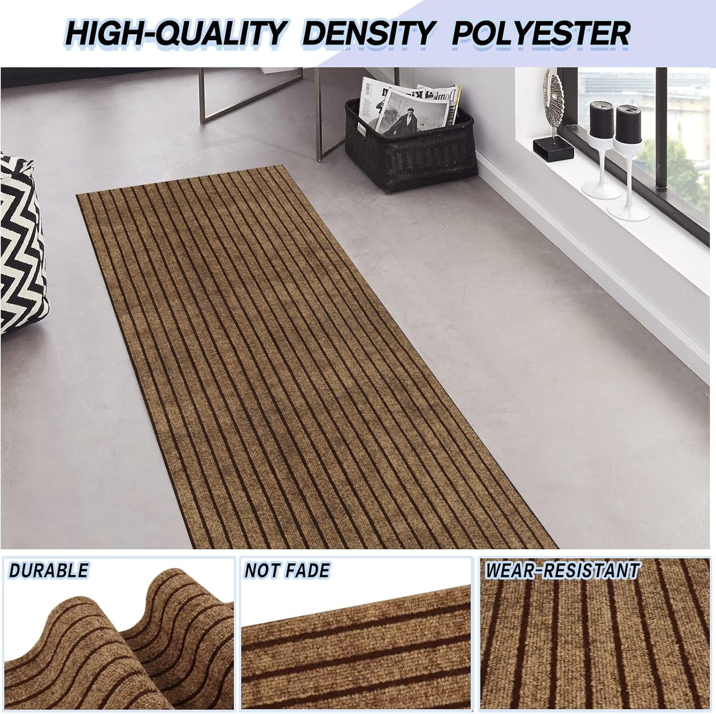 Custom Size Backed Non-Slip Area Rugs Runner, Easy Clean, Waterproof Runner Rugs for Hallway Entryway, Kitchen, Laundry, 3FT x 55FT, Brown Stripe