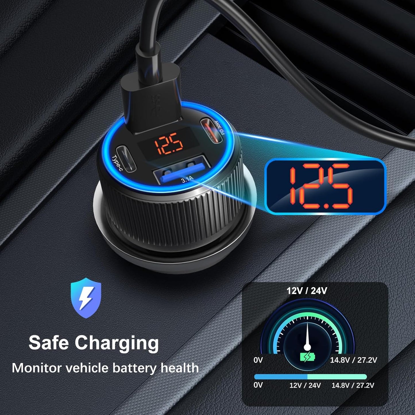 USB C Car Charger, 3 Pack 65W Dual 12V Car Power Adapter with Voltmeter QC+PD 3.0 Multi Port Fast Charging Cigarette Lighter USB Charger for iPhone 16 15 14 13 12 Pad Pro Max, Android(Black Gray)