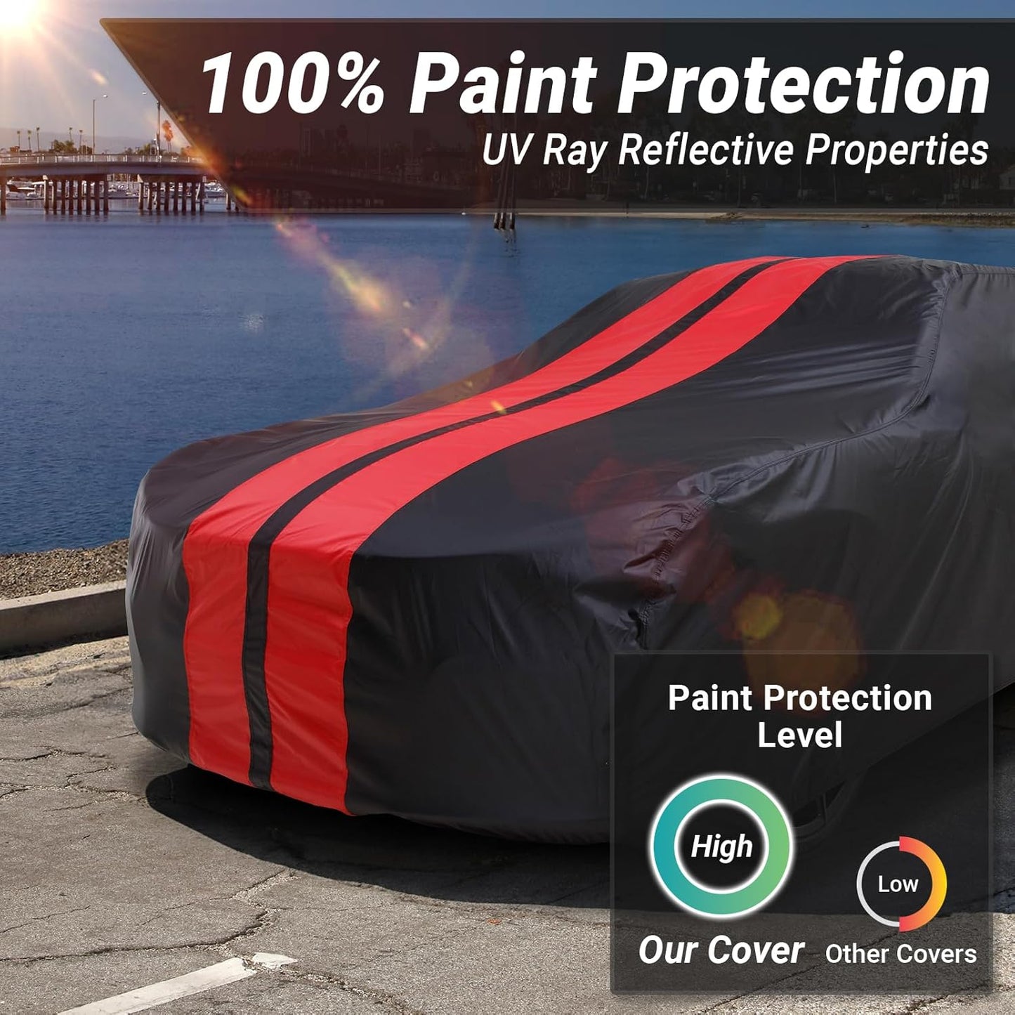 iCarCover Custom Car Cover for Chevy Vega (1971-1977) Waterproof All Weather Rain Snow UV Sun Protector Full Exterior Indoor Outdoor Car Cover (Stripe - Black/Red)