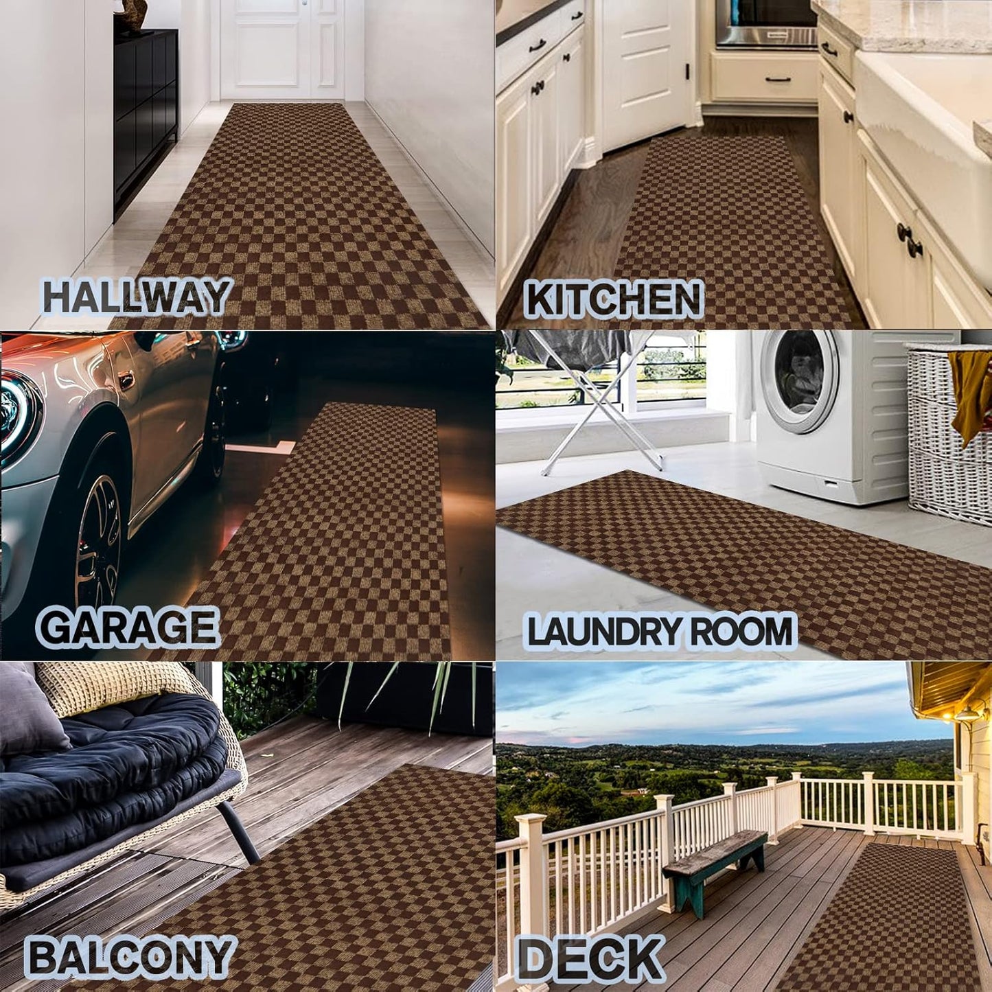 Custom Size Backed Non-Slip Area Rugs Runner, Easy Clean, Waterproof Runner Rugs for Hallway Entryway, Kitchen, Laundry, 3FT x 62FT, Brown Checkered
