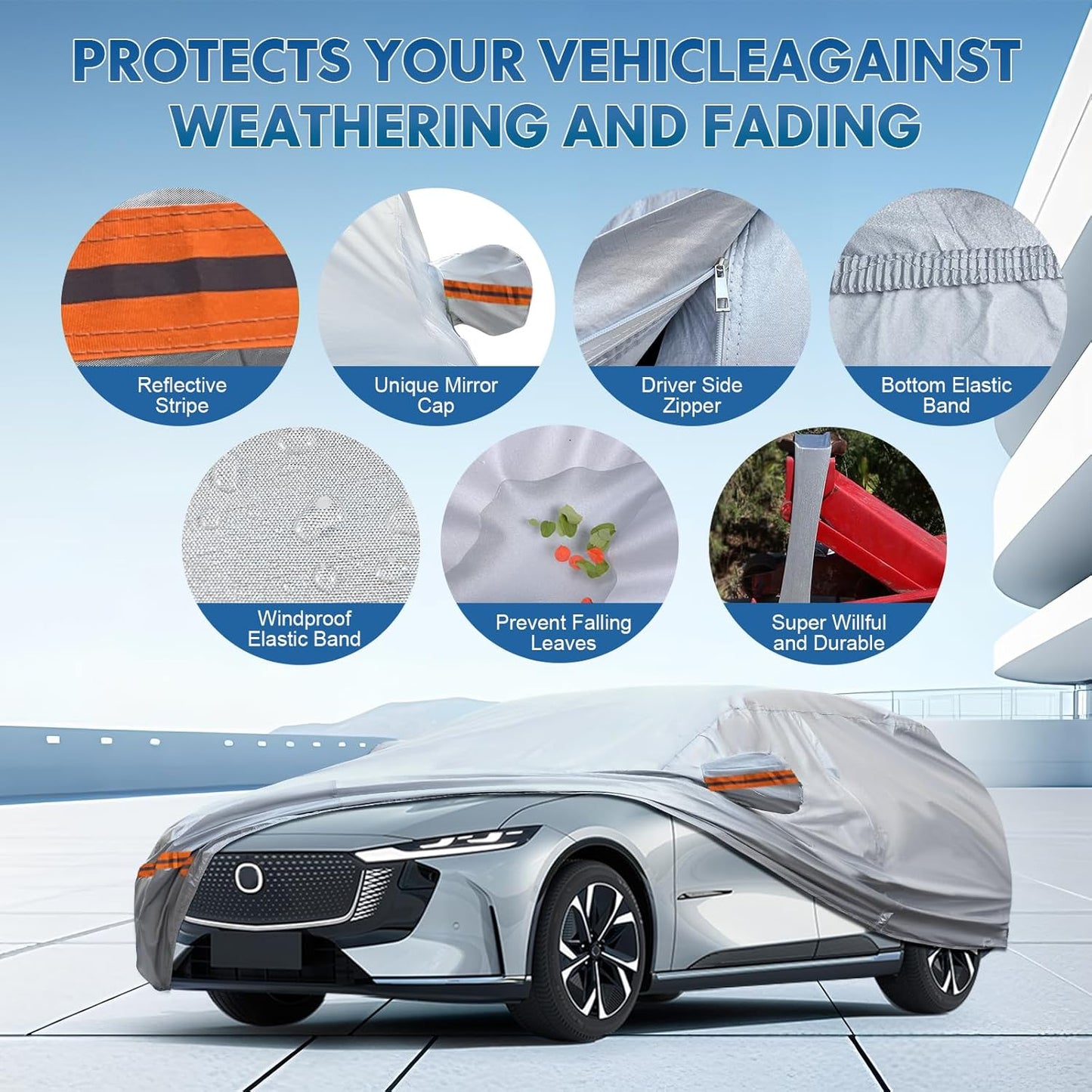 KEYOOG 6-Layer Full Car Cover is All-Weather Waterproof, Fit for 205"-216" Length Sedan, Universal in All Seasons, Snow Prevention, Rainproof, Acid Rainproof, Sunscreen, Orange Reflective Strip