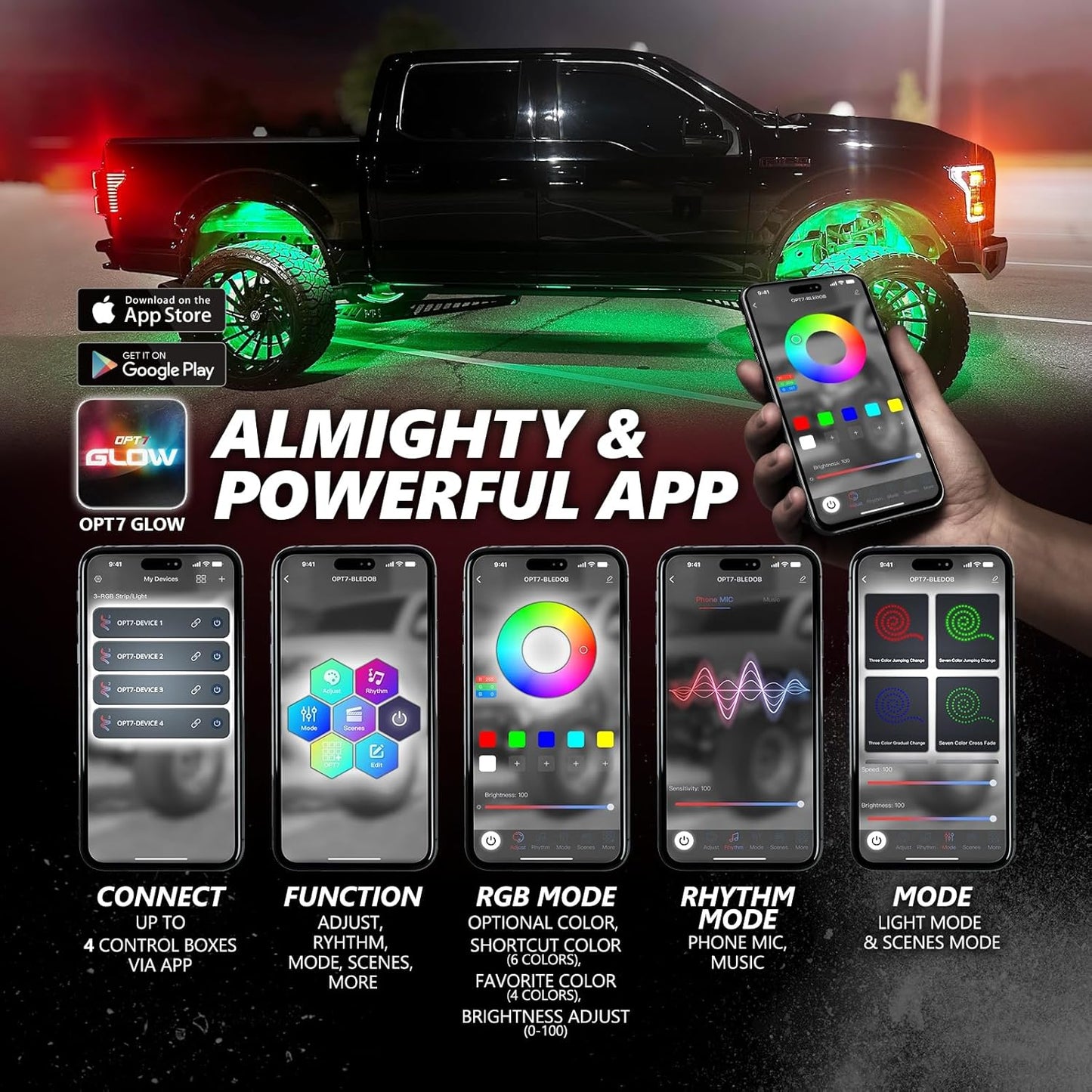 OPT7 Photon RGB LED Magnet Rock Lights with APP & Remote Control, 4 Black Pods Wide Angle Multicolor Neon Underglow Lighting Kit with Extension Wire, IP68 Waterproof for Offroad Truck Jeep RZR ATV UTV