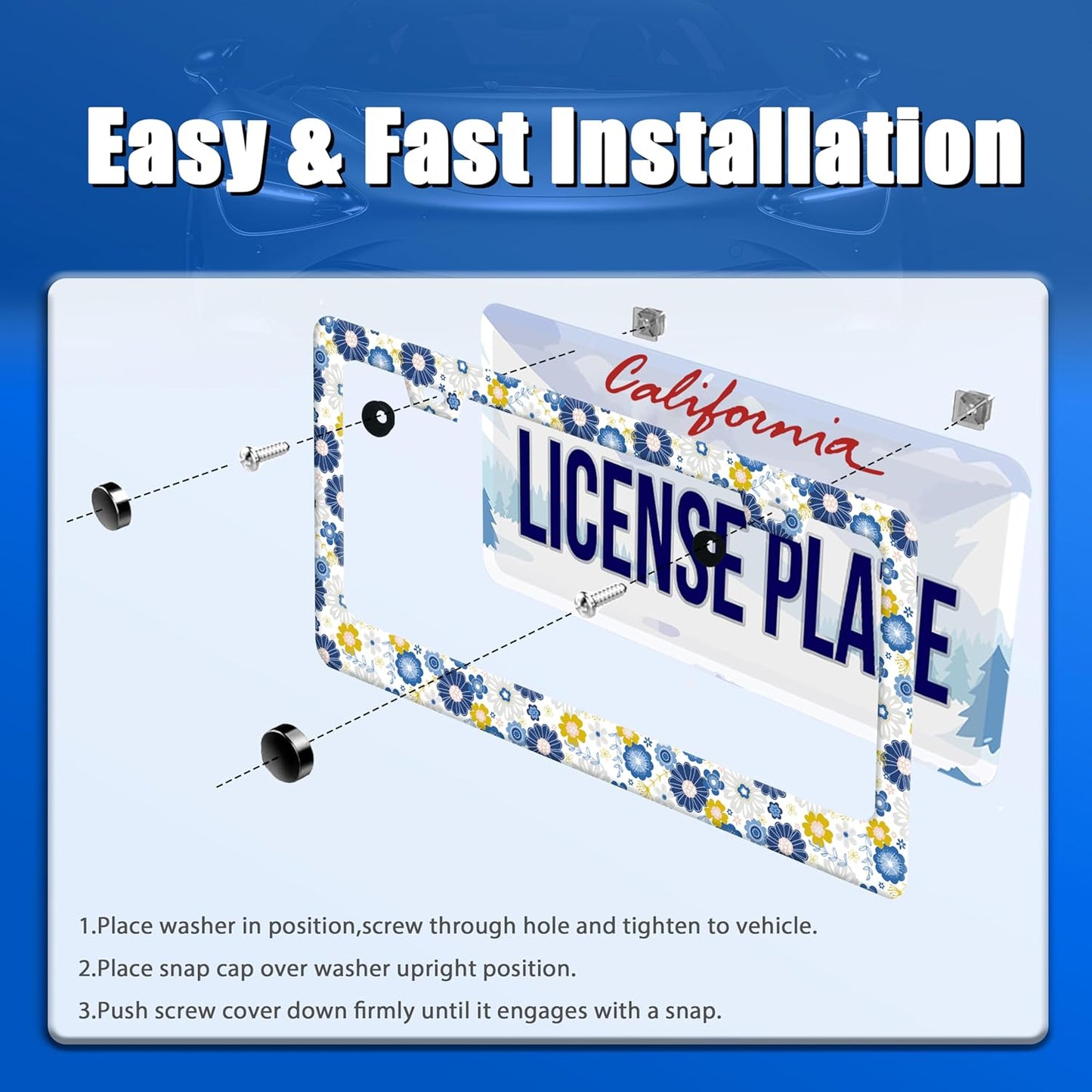 White Blue Hippie Flowers License Plate Frame Colorful Floral License Plate Holder Funny Car Accessory Decoration 12.3"x6.3" for Women