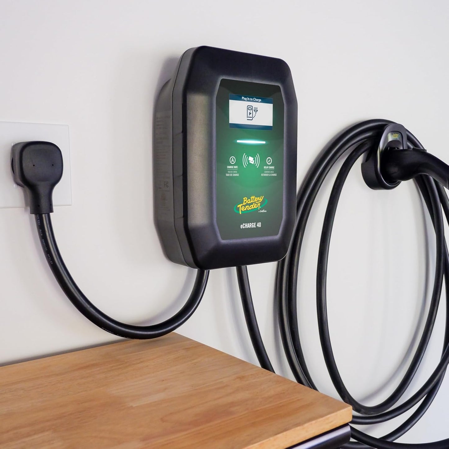 Battery Tender eCharge 40 AMP EV Charger - Level 2 Mounted Indoor Outdoor Fast Electric Vehicle Charging Station with Flexible 25ft Cable NEMA 14-50 - 022-3018-DL-WH