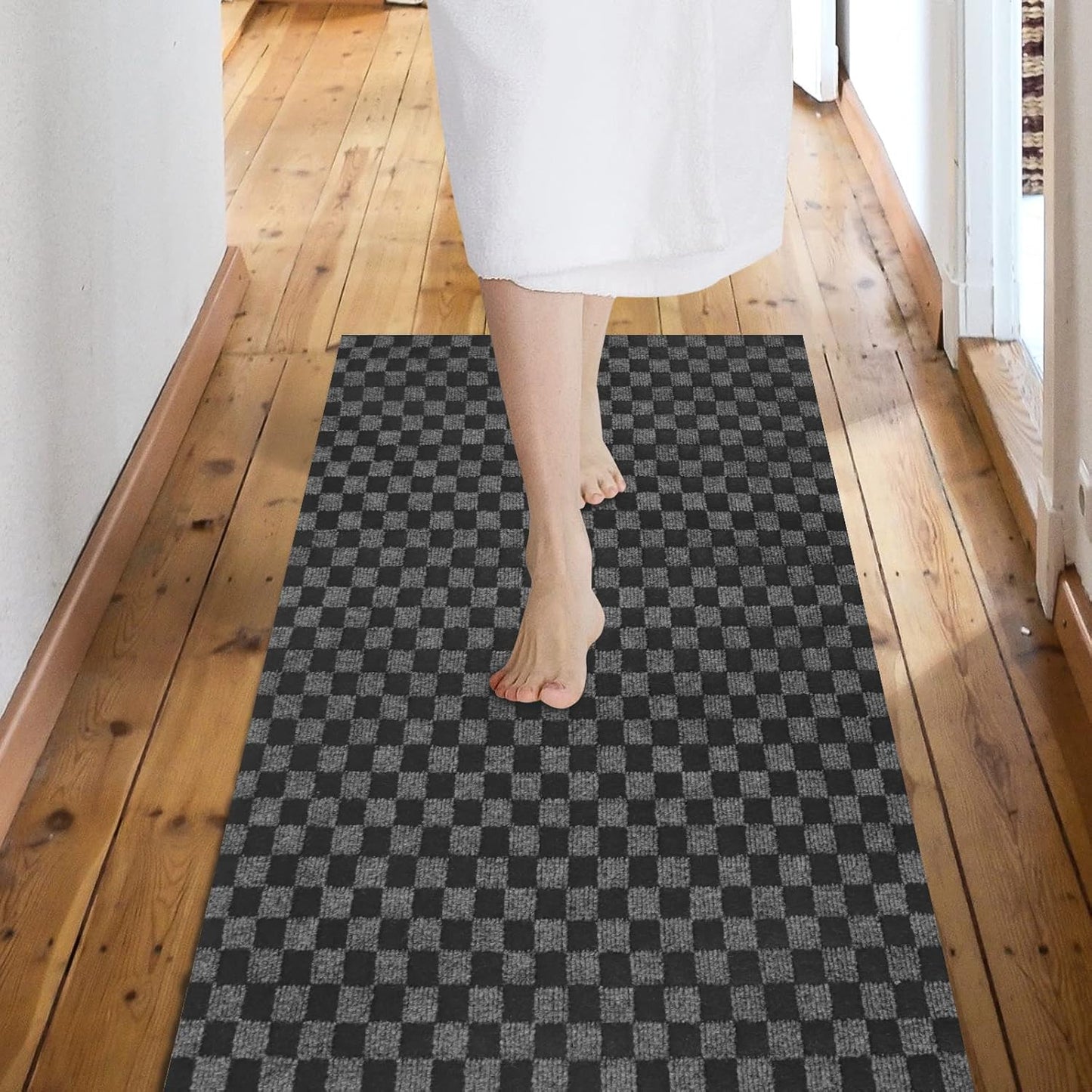 Custom Size Backed Non-Slip Area Rugs Runner, Easy Clean, Waterproof Runner Rugs for Hallway Entryway, Kitchen, Laundry, 4FT x 20FT, Gray Checkered