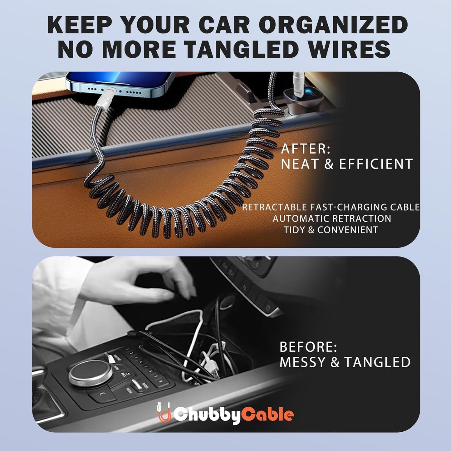 chubbycable Curly Chubby - Retractable Fast Charging Cable 240W Coiled Charger Cord for Car Durable USB-C Cable for Phones, Tablets and More, Gray, Type-C to Type-C, 1.3FT-2.3FT