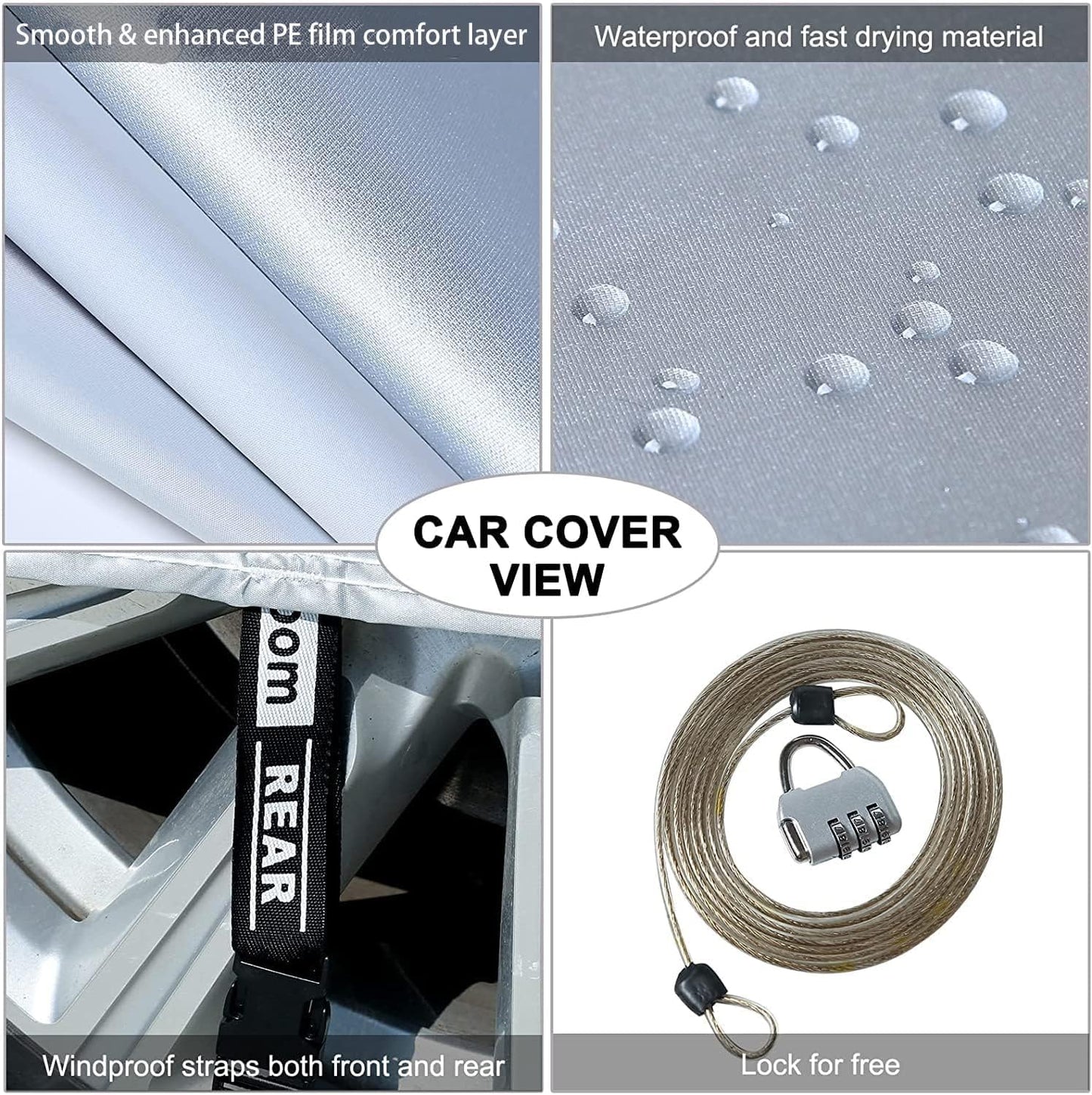 Tecoom Car Cover Waterproof All Weather for Automobiles, Light Shell Waterproof UV-Proof Windproof Design Car Cover with Zipper Storage and Lock for All Weather Indoor Outdoor Fit 191-200 Inches Sedan