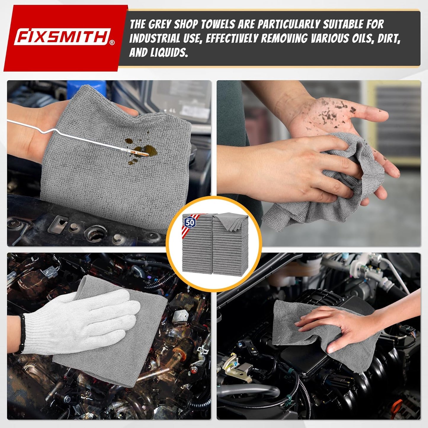 FIXSMITH Shop Towels, Pack of 200, Grey Microfiber Cleaning Cloth Bulk, Microfiber Towels for Cars, All-Purpose Absorbent Cleaning Rags, Dust Cloth for Automotive, Mechanic, Garage, 11.5 x 11.5 inch