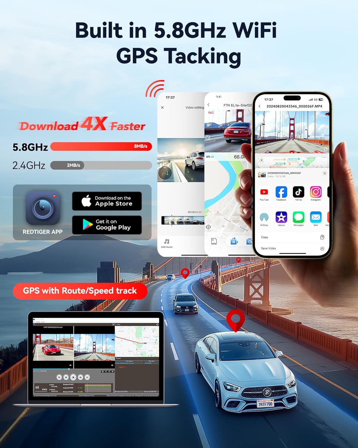 REDTIGER 4K HDR Dash Cam Front and Rear, STARVIS 2 Sensor, 5.8GHz WiFi APP, 3.18" Touchscreen, Voice Control, 128G Card Included, WDR, Dash Camera for Cars with GPS, 24H Parking Mode(F7N Elite)