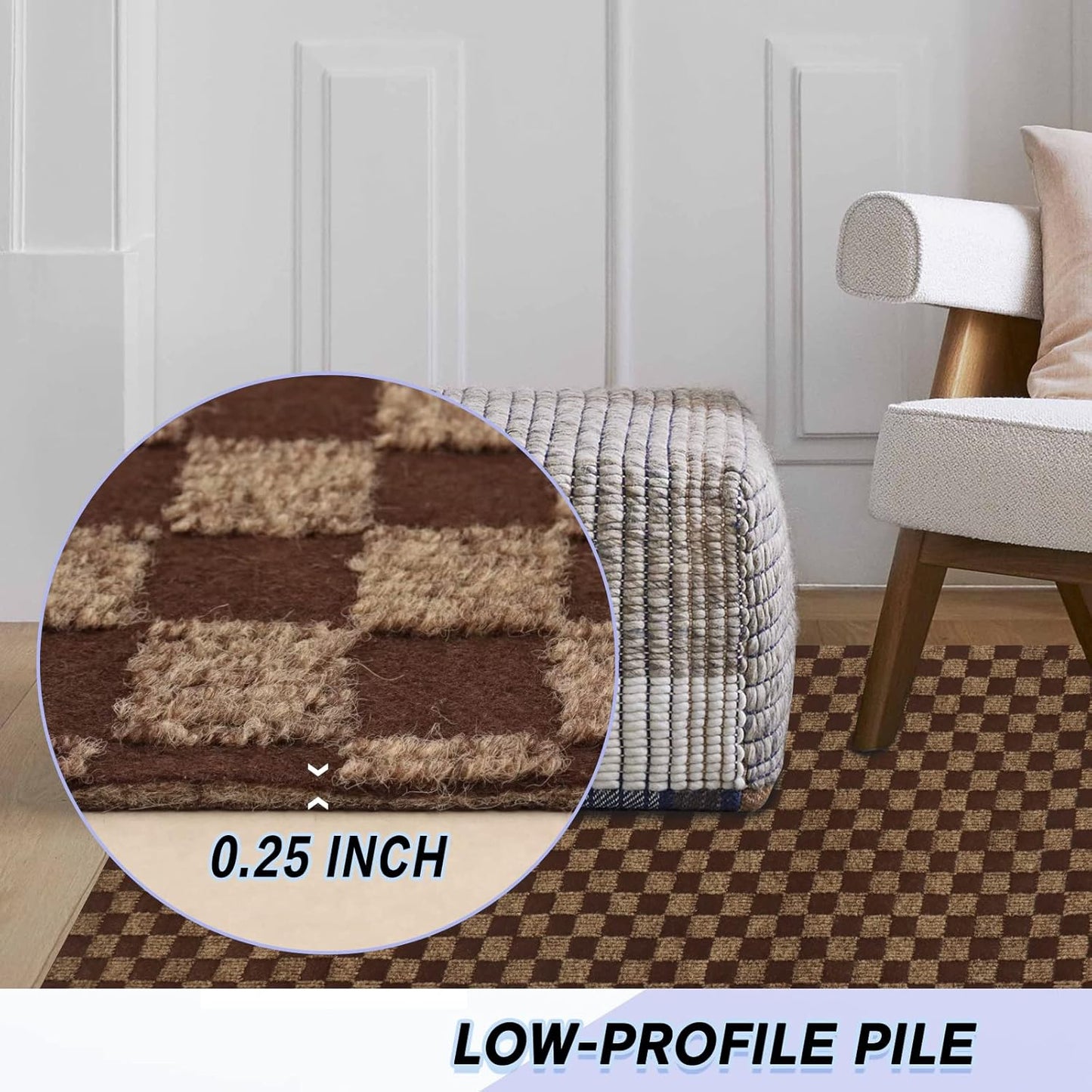 Custom Size Backed Non-Slip Area Rugs Runner, Easy Clean, Waterproof Runner Rugs for Hallway Entryway, Kitchen, Laundry, 3FT x 75FT, Brown Checkered