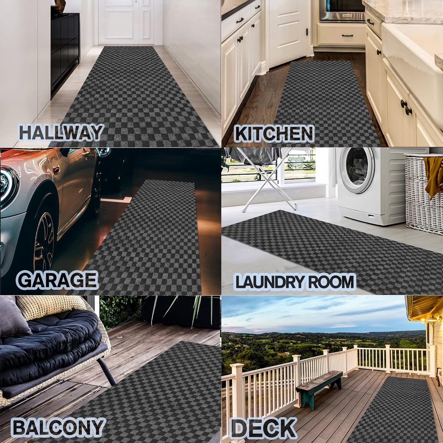 Custom Size Backed Non-Slip Area Rugs Runner, Easy Clean, Waterproof Runner Rugs for Hallway Entryway, Kitchen, Laundry, 4FT x 54FT, Gray Checkered