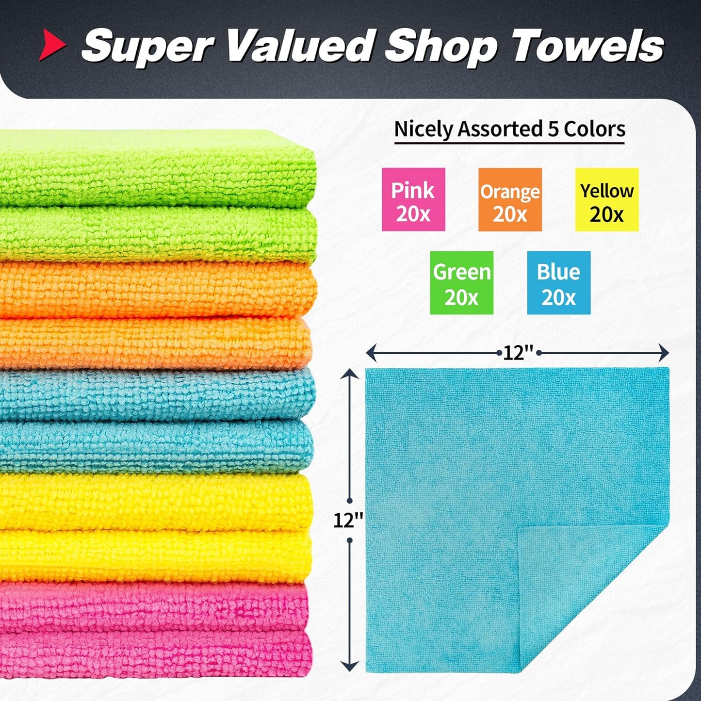 FIXSMITH Microfiber Cleaning Cloth, 100 Pack Shop Towels, Micro Fiber Cloth for Cleaning Car, All-Purpose Absorbent Cleaning Rags for Housekeeping, Dust Cloth for Office, Car Wash Towels, 12inx12in